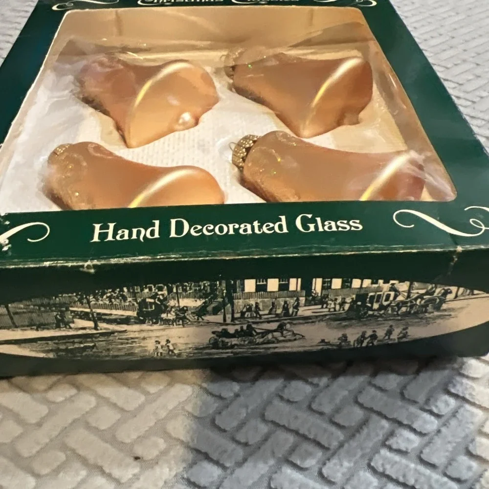 Krebs (4) Glass Bell Ornaments Hand Decorated Yellow/Gold Color In Box